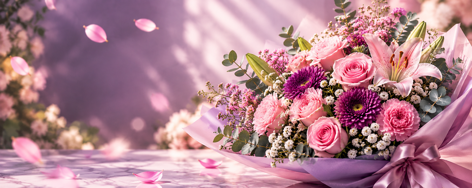 A lavender bouquet with falling petals
