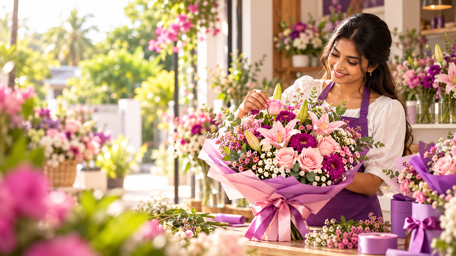 A florist arranging a purple bouquet by hand